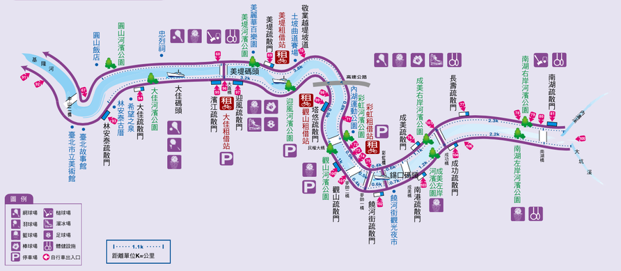 可以參考台北市政府發行的臺北市河濱自行車道簡介，有詳細的各河濱公園單車出入口。