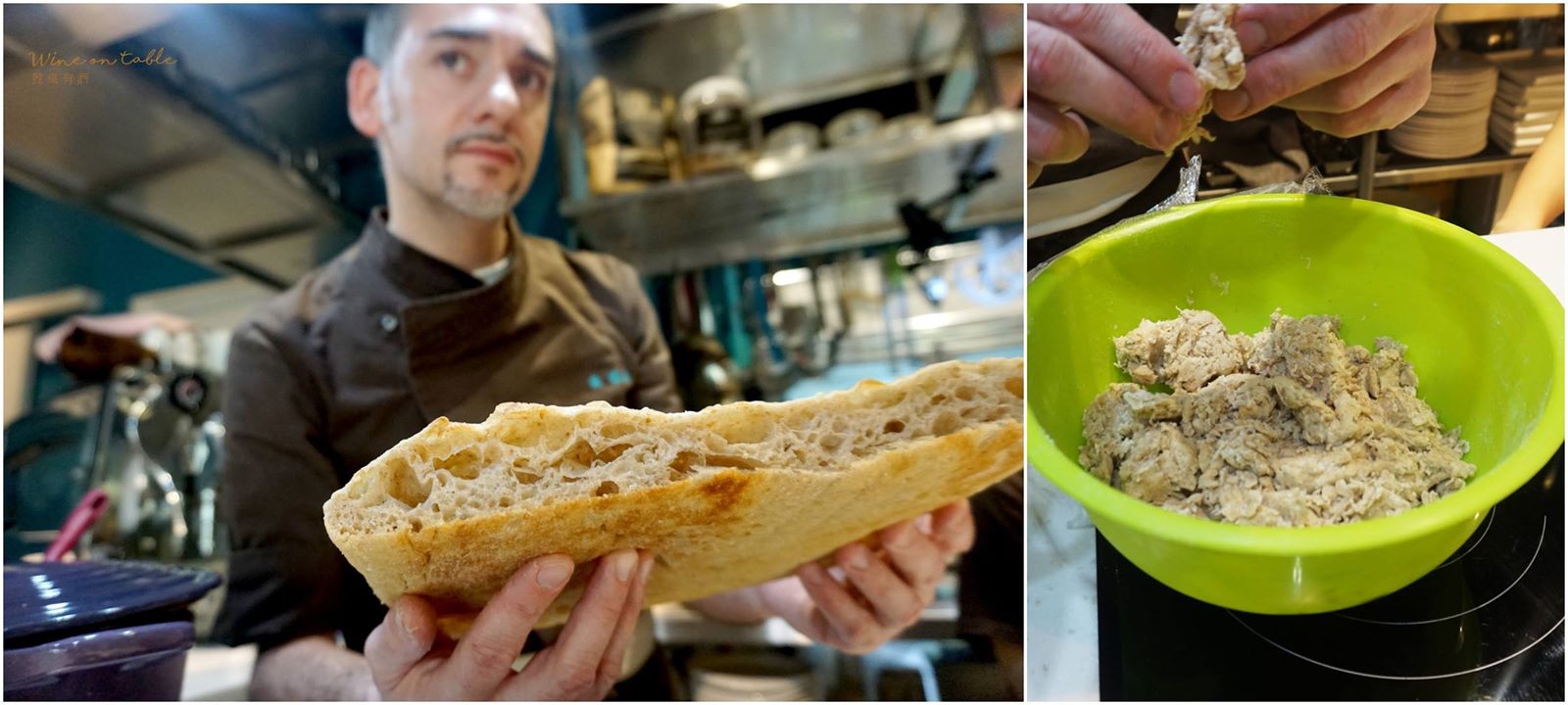 右：充滿氣孔的羅馬式厚片披薩，輕盈酥脆、麥香十足    左：製作披薩麵團的自製老麵酵母